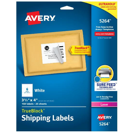 Picture of Avery TrueBlock Shipping Labels With Sure Feed Technology, 5264, Rectangle, 3 1/3in x 4in, White, Pack Of 150