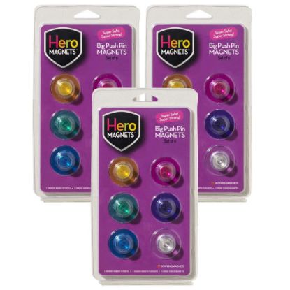 Picture of Dowling Magnets Hero Magnets: Big Push Pin Magnets, 13/16in x 1-5/16in, Assorted Colors, 6 Magnets Per Pack, Set Of 3 Packs