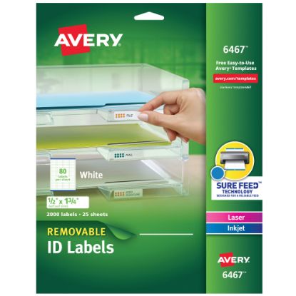 Picture of Avery Removable ID Labels With Sure Feed Technology, 6467, Rectangle, 1/2in x 1-3/4in, White, Pack Of 2,000