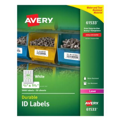 Picture of Avery Permanent Durable ID Labels With TrueBlock Technology, 61533, 2/3in x 1 3/4in, White, Pack Of 3,000