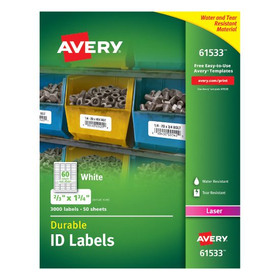 Picture of Avery Permanent Durable ID Labels With TrueBlock Technology, 61533, 2/3in x 1 3/4in, White, Pack Of 3,000