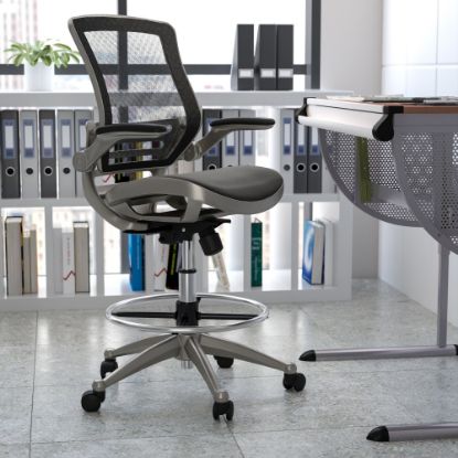 Picture of Flash Furniture Mid-Back Transparent Mesh Drafting Chair with Flip-Up Arms, Black/Graphite Silver