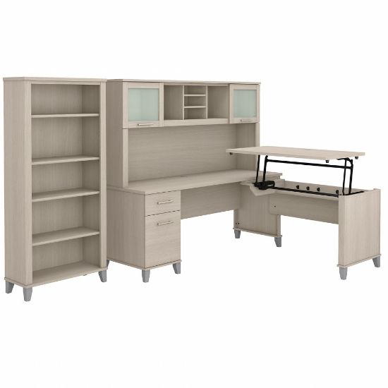 Picture of Bush Furniture Somerset 72inW 3-Position Sit-to-Stand L-Shaped Desk With Hutch And Bookcase, Sand Oak, Standard Delivery