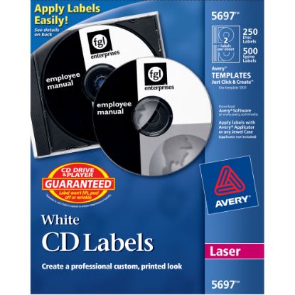 Picture of Avery CD Labels, AVE5697, Removable Adhesive, Circle, Laser, White, 2 Per Sheet, Pack Of 250