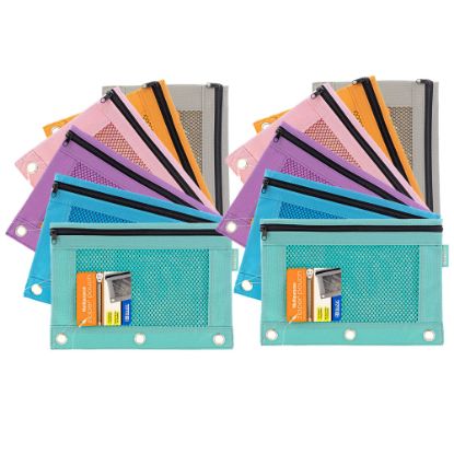 Picture of BAZIC Products 3-Ring Pencil Pouches with Mesh Windows, 9-13/16in x 7in, Retro Pastel, Pack Of 12 Pouches