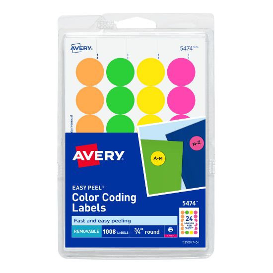 Picture of Avery Removable Print Or Write Color Coding Labels, 5474, Round, 3/4inDiameter, Assorted Neon, Pack Of 1,008