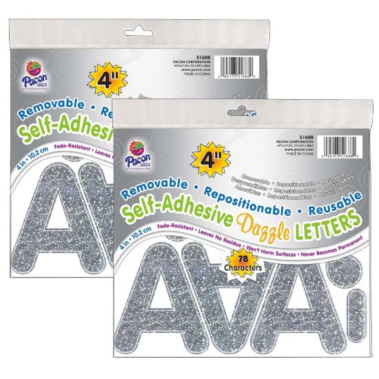 Picture of Pacon Self-Adhesive Letters, 4in, Puffy Font, Silver Dazzle, 78 Per Pack, Set Of 2 Packs