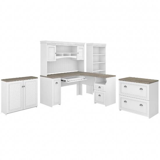 Picture of Bush Furniture Fairview 60inW L-Shaped Desk With Hutch, File Cabinet, Bookcase and Storage, Shiplap Gray/Pure White, Standard Delivery