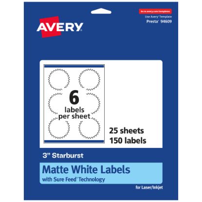 Picture of Avery Permanent Labels With Sure Feed, 94609-WMP25, Starburst, 3in, White, Pack Of 150