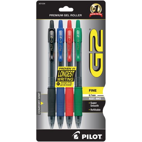 Picture of Pilot G2 Retractable Gel Pens, Fine Point, 0.7 mm, Assorted Barrels, Assorted Ink Colors, Pack Of 4