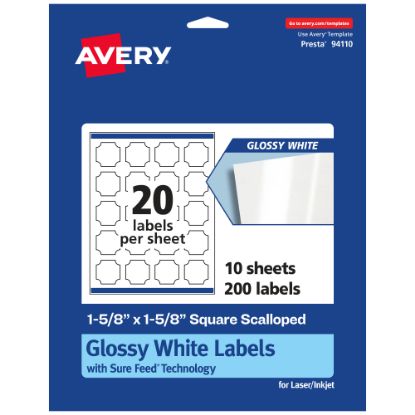 Picture of Avery Glossy Permanent Labels With Sure Feed, 94110-WGP10, Square Scalloped, 1-5/8in x 1-5/8in, White, Pack Of 200