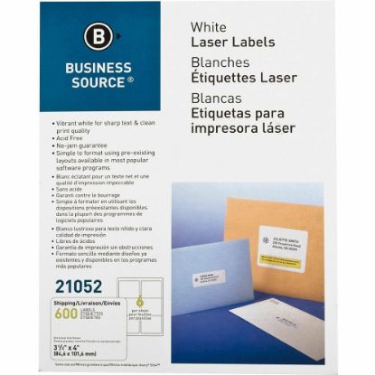 Picture of Business Source Bright White Premium-quality Address Labels - 3 1/3in Width x 4in Length - Permanent Adhesive - Rectangle - Laser, Inkjet - White - 6 / Sheet - 100 Total Sheets - 600 / Pack - Jam-free