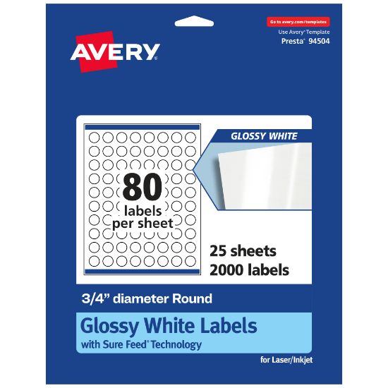 Picture of Avery Glossy Permanent Labels With Sure Feed, 94504-WGP25, Round, 3/4in Diameter, White, Pack Of 2,000