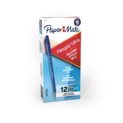 Picture of Paper Mate FlexGrip Ultra Ballpoint Pens, Medium Point, 1.0 mm, 42% Recycled, Blue Barrel, Blue Ink, Pack Of 12