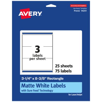 Picture of Avery Permanent Labels With Sure Feed, 94251-WMP25, Rectangle, 3-1/4in x 8-3/8in, White, Pack Of 75