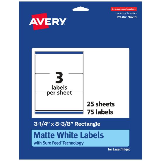 Picture of Avery Permanent Labels With Sure Feed, 94251-WMP25, Rectangle, 3-1/4in x 8-3/8in, White, Pack Of 75