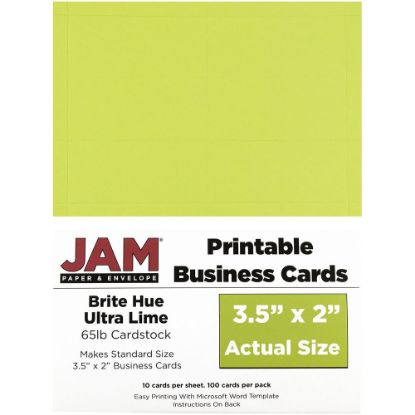 Picture of JAM Paper Printable Business Cards, 3 1/2in x 2in, Lime Green, 10 Cards Per Sheet, Pack Of 10 Sheets