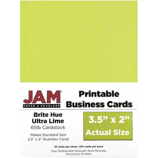 Picture of JAM Paper Printable Business Cards, 3 1/2in x 2in, Lime Green, 10 Cards Per Sheet, Pack Of 10 Sheets