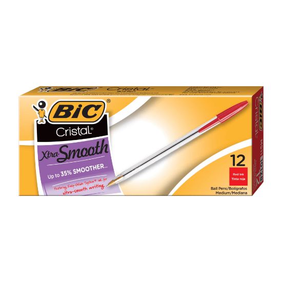 Picture of BIC Cristal Ballpoint Pens, Medium Point, 1.0 mm, Clear Barrel, Red Ink, Pack Of 12