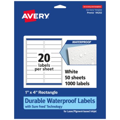 Picture of Avery Waterproof Permanent Labels With Sure Feed, 94202-WMF50, Rectangle, 1in x 4in, White, Pack Of 1,000