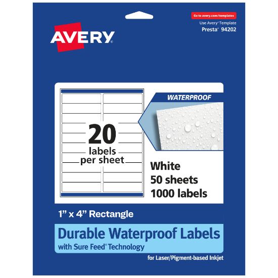 Picture of Avery Waterproof Permanent Labels With Sure Feed, 94202-WMF50, Rectangle, 1in x 4in, White, Pack Of 1,000