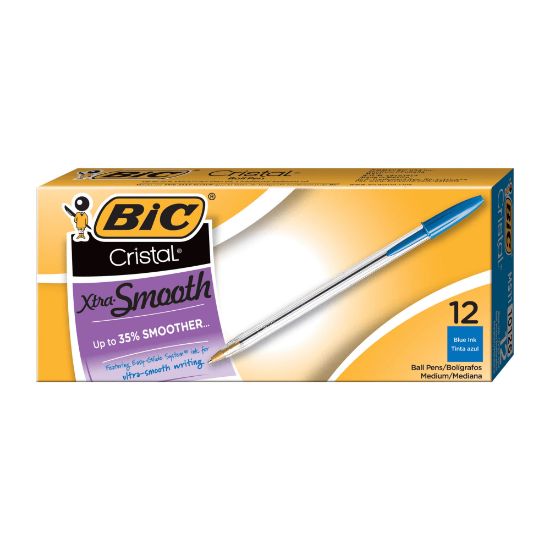 Picture of BIC Cristal Ballpoint Pens, Medium Point, 1.0 mm, Clear Barrel, Blue Ink, Pack Of 12