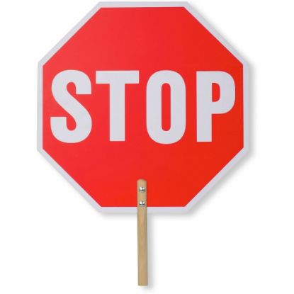 Picture of Tatco Handheld Stop Sign - 1 Each - Stop Print/Message - 18in Width x 18in Height x 0.2in Depth - White Print/Message Color - Double Sided - Weather Proof, Long Lasting, Lightweight, Comfortable Grip - Wood - Red