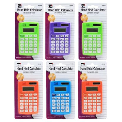 Picture of Charles Leonard Primary Dual-Powered 8-Digit Calculators, 3-3/4inH x 2-1/4inW x 19/50inD, Assorted Colors, Pack Of 6 Calculators