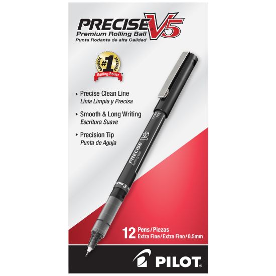 Picture of Pilot Precise V5 Liquid Ink Rollerball Pens, Extra Fine Point, 0.5 mm, Black Barrel, Black Ink, Pack Of 12