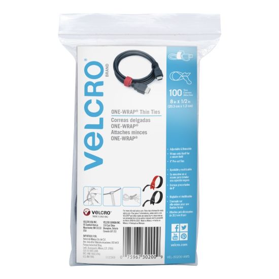 Picture of VELCRO Brand ONE-WRAP Thin Ties, 8in x 1/2in, Assorted Colors, Pack Of 100 Ties