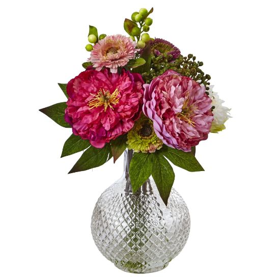 Picture of Nearly Natural 14inH Plastic Peony And Mum Arrangement With Glass Vase, Pink