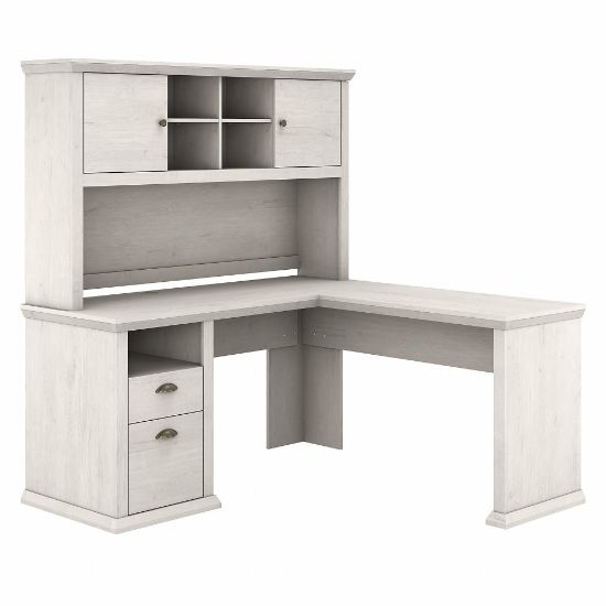 Picture of Bush Business Furniture Yorktown 60inW L-Shaped Corner Desk With Hutch, Linen White Oak, Standard Delivery