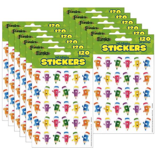 Picture of Eureka Theme Stickers, Pencil Smiley Faces, 120 Stickers Per Pack, Set Of 12 Packs