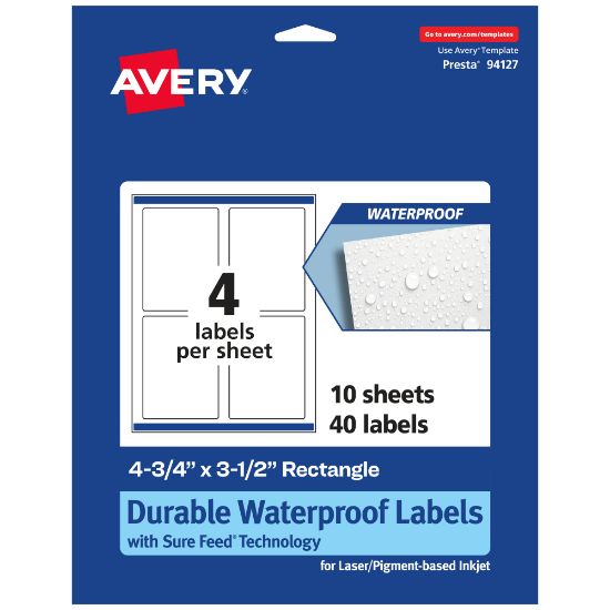 Picture of Avery Waterproof Permanent Labels With Sure Feed, 94127-WMF10, Rectangle, 4-3/4in x 3-1/2in, White, Pack Of 40