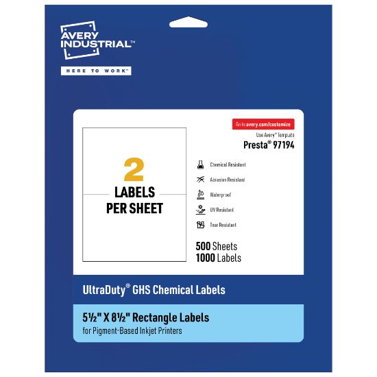 Picture of Avery Ultra Duty Permanent GHS Chemical Labels, 97194-WMUI500, Rectangle, 5-1/2in x 8-1/2in, White, Pack Of 1,000