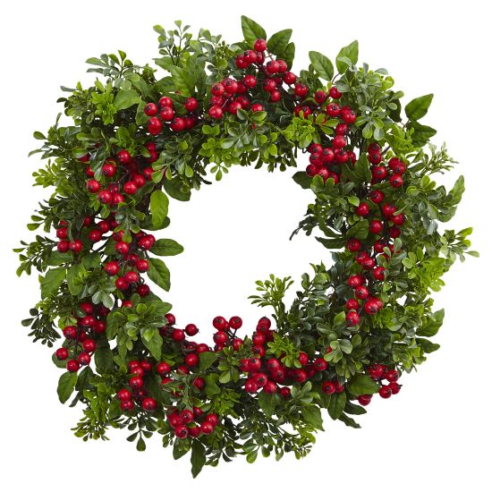 Picture of Nearly Natural Berry Boxwood Wreath, 24in x 3in, Red