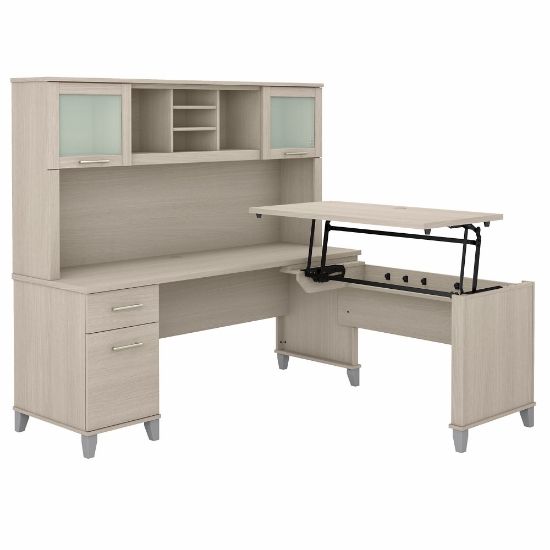 Picture of Bush Furniture Somerset 72inW 3-Position Sit-to-Stand L-Shaped Desk With Hutch, Sand Oak, Standard Delivery