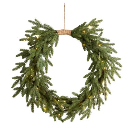 Picture of Nearly Natural Holiday Christmas 24inH Pine Pre-Lit Cascading Wreath, 24in x 5in, Green