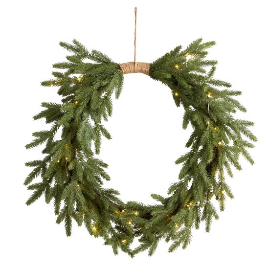 Picture of Nearly Natural Holiday Christmas 24inH Pine Pre-Lit Cascading Wreath, 24in x 5in, Green