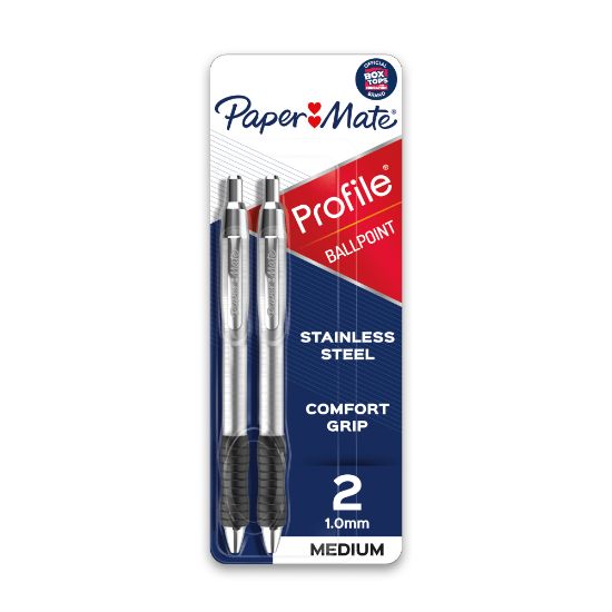 Picture of Paper Mate Profile Metal Barrel Ballpoint Pens, Medium Point, 1.0 mm, Silver Barrel, Black Ink, Pack Of 2 Pens