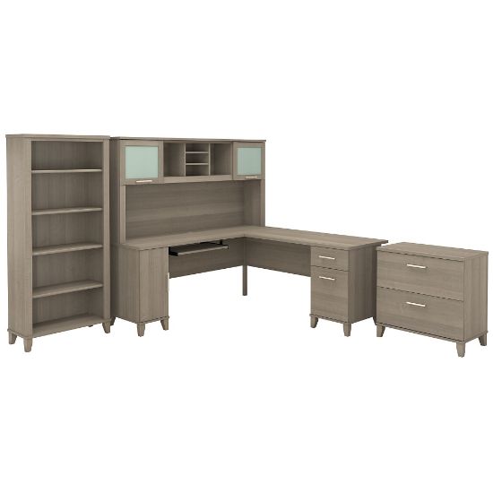 Picture of Bush Furniture Somerset 72inW L Shaped Desk With Hutch, Lateral File Cabinet And Bookcase, Ash Gray, Standard Delivery