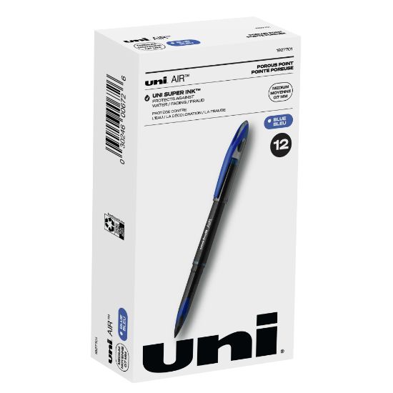 Picture of uni-ball AIR Rollerball Pen, Medium Point, 0.7 mm, Black Barrel, Blue Ink, Pack Of 12