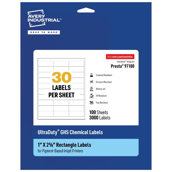 Picture of Avery Ultra Duty Permanent GHS Chemical Labels, 97180-WMUI100, Rectangle, 1in x 2-5/8in, White, Pack Of 3,000