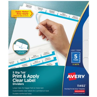 Picture of Avery Big Tab Print & Apply Clear Label Dividers with Index Maker Easy Apply Printable Label Strip, 5-Tab, White, Pack of 5 Sets