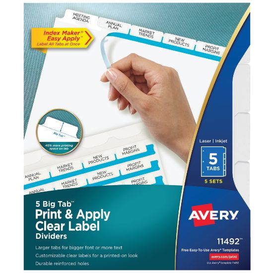 Picture of Avery Big Tab Print & Apply Clear Label Dividers with Index Maker Easy Apply Printable Label Strip, 5-Tab, White, Pack of 5 Sets