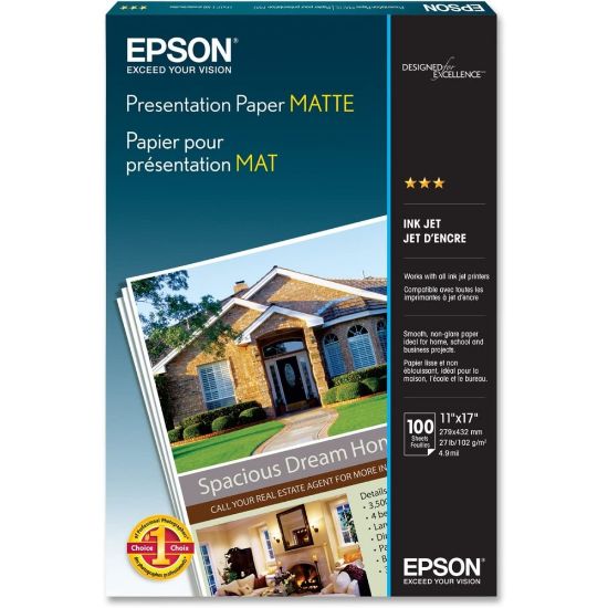 Picture of Epson Presentation Paper, Matte White, Ledger (11in x 17in), 100 Sheets Per Pack, 27 Lb, 90 Brightness