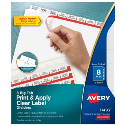 Picture of Avery Big Tab Print & Apply Clear Label Dividers with Index Maker Easy Apply Printable Label Strip, 8-Tab, White, Pack of 5 Sets