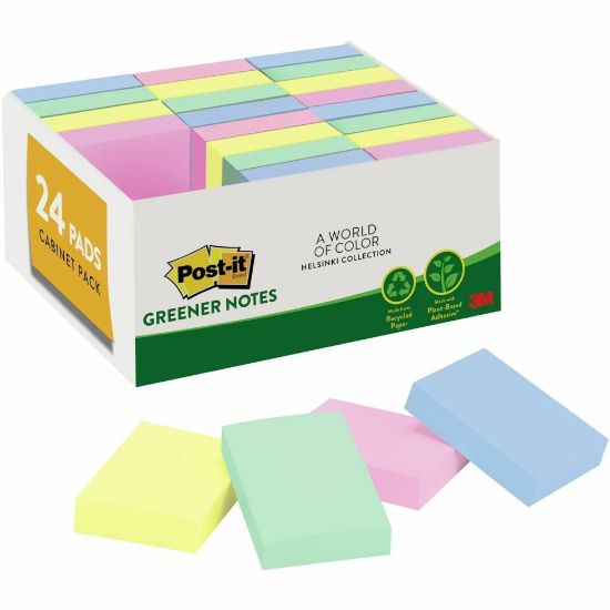 Picture of Post-it Greener Notes Value Pack - Beachside Cafe Color Collection - 1 1/2in x 2in - Rectangle - Positively Pink, Canary Yellow, Fresh Mint, Moonstone - Paper - Self-stick, Removable, Recyclable, Residue-free, Eco-friendly - 24 / Pack - Recycled