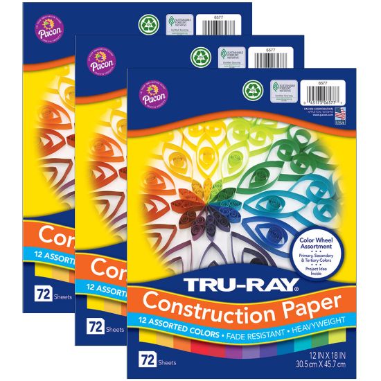 Picture of Tru-Ray Color Wheel Paper Assortment, 12in x 18in, Assorted Colors, 72 Sheets Per Pack, Set Of 3 Packs