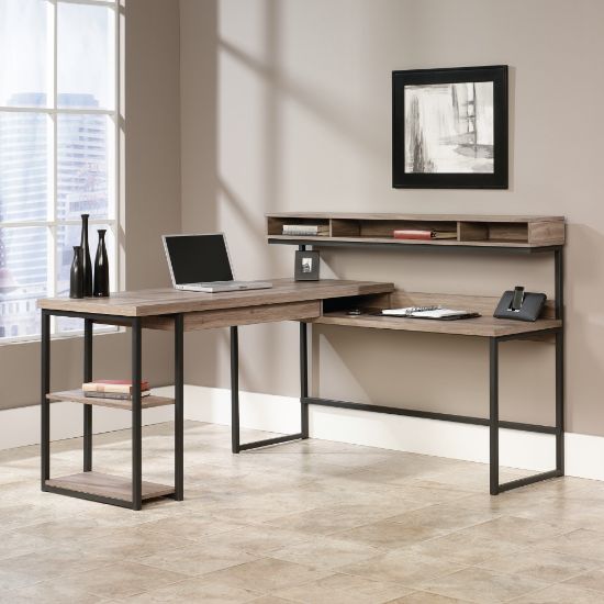 Picture of Sauder Transit 61inW Multi-Tiered L-Shaped Corner Desk, Salted Oak